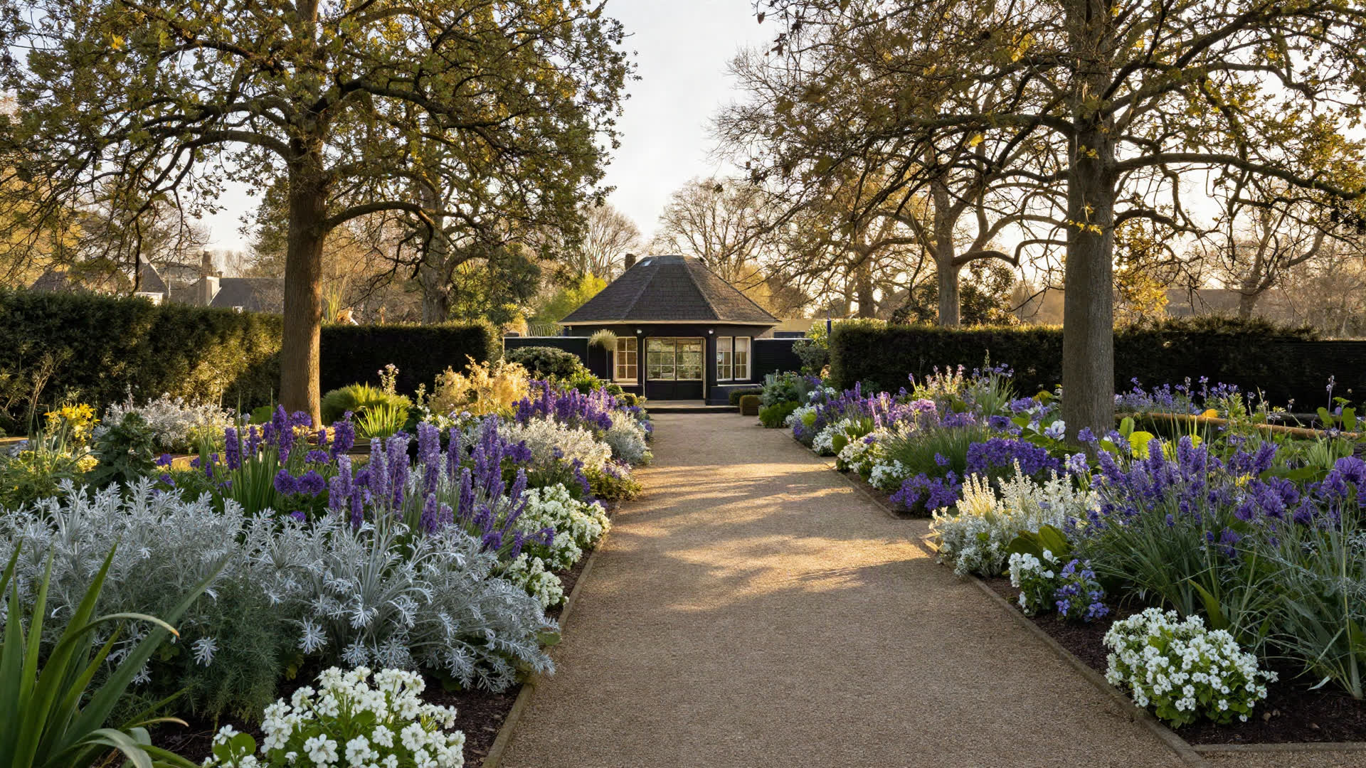 Landgoedtuin in de avondzon, met diepe borders in paars en zilver langs een grindpad