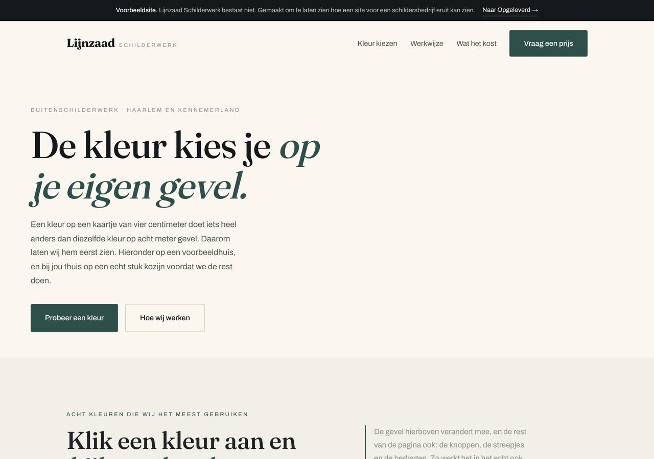 Homepage van de voorbeeldsite Lijnzaad Schilderwerk: een voorbeeldhuis waarop je een kleur kiest