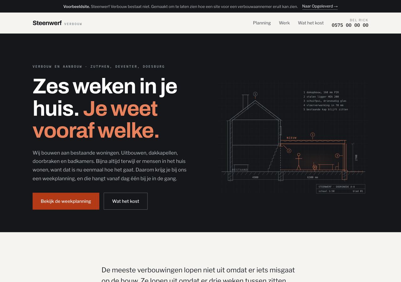 Homepage van de voorbeeldsite Steenwerf Verbouw: een aanbouw aan een woonhuis